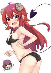 Rule 34 | 2girls, absurdres, ahoge, ao (flowerclasse), ass, bare arms, bare shoulders, bikini, black bikini, blush, blush stickers, breasts, brown hair, camera, chibi, chibi inset, commentary request, curled horns, demon girl, demon horns, demon tail, groin, hair between eyes, highres, holding, holding camera, horns, long hair, machikado mazoku, medium breasts, multiple girls, navel, red eyes, siblings, simple background, sisters, solo focus, sparkle, sweat, swimsuit, tail, translation request, very long hair, white background, yoshida ryouko, yoshida yuuko (machikado mazoku)