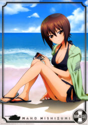 Rule 34 | 1girl, absurdres, beach, bikini, black bikini, blue sky, book, breasts, brown eyes, brown hair, card (medium), character name, cleavage, closed mouth, cloud, collarbone, day, girls und panzer, green jacket, hair between eyes, halterneck, highres, holding, jacket, lens flare, looking at viewer, medium breasts, nishizumi maho, ocean, official alternate costume, open book, open clothes, open jacket, outdoors, print jacket, short hair, side-tie bikini bottom, sitting, sky, smile, solo, swimsuit
