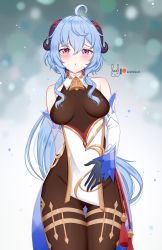 Rule 34 | 1girl, absurdres, ahoge, artist name, bare shoulders, bell, black legwear, blue gloves, blue hair, blush, bodystocking, bodysuit, bow, bowtie, breasts, breasts apart, chinese knot, curled horns, detached sleeves, flower knot, furrowed brow, ganyu (genshin impact), genshin impact, gloves, gluteal fold, gold trim, hand on own crotch, highres, horns, lewdlux, long hair, looking at viewer, medium breasts, multicolored eyes, neck bell, pelvic curtain, purple eyes, red rope, rope, sidelocks, signature, solo, standing, tassel, thigh gap, thighlet, thighs, very long hair, waist cape, white sleeves