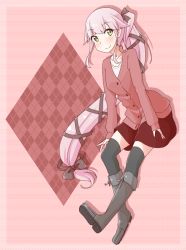 Rule 34 | 10s, 1girl, argyle, argyle background, argyle clothes, artist request, baseu, black thighhighs, blush, boots, cardigan, collarbone, green eyes, hair ribbon, kantai collection, knee boots, long hair, low tied hair, pink background, pink hair, ponytail, ribbon, skirt, smile, thighhighs, very long hair, yura (kancolle), zettai ryouiki
