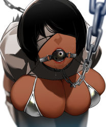 Rule 34 | 1girl, 2p (nier:automata), alternate breast size, alternate color, alternate skin color, bakkanki, ball gag, bdsm, bikini, black hair, blindfold, bondage, bound, bound arms, bound wrists, breastless clothes, breasts, chain, chain leash, cleavage, cleavage cutout, clothing cutout, dark-skinned female, dark skin, drooling, facing viewer, gag, gagged, highres, juliet sleeves, kneeling, large breasts, leash, leash pull, lips, long sleeves, mole, mole under mouth, nier:automata, nier (series), pink lips, puffy sleeves, restrained, saliva, saliva trail, short hair, silver bikini, swimsuit, thick thighs, thighhighs, thighs, viewer holding leash, white background, white blindfold, white thighhighs, wiffle gag