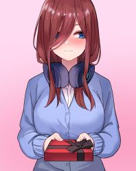 Rule 34 | 1girl, a.l (dpdldpf), black bow, blush, bow, box, breasts, eyebrows hidden by hair, go-toubun no hanayome, hair over one eye, headphones, headphones around neck, highres, holding, holding box, large breasts, long hair, nakano miku, pink background, red hair, solo, valentine
