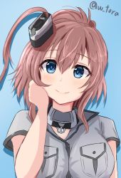 Rule 34 | 1girl, blue background, breast pocket, breasts, brown hair, dress, gradient background, grey eyes, hair between eyes, hair ornament, highres, kantai collection, large breasts, looking at viewer, pocket, ponytail, saratoga (kancolle), saratoga mk ii (kancolle), shiratora, side ponytail, sidelocks, smile, smokestack, solo, twitter username, upper body, white dress