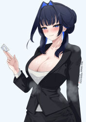 Rule 34 | 1girl, absurdres, alternate breast size, amai-pai, black hair, blue eyes, blue hair, blush, breasts, collarbone, condom, formal, hair intakes, highres, hololive, hololive english, jewelry, large breasts, long hair, long sleeves, looking at viewer, multicolored hair, ouro kronii, shirt, smile, solo, steaming body, sweat, sweatdrop, virtual youtuber, white background