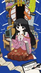 Rule 34 | 1girl, 1other, absurdres, black eyes, black hair, blue background, bow, bowtie, cable, cellphone, charging device, clipboard, commission, earbuds, earphones, full body, graph, highres, holding, holding phone, houraisan kaguya, industrial pipe, jar, laboratory, light blush, long hair, long skirt, long sleeves, looking at viewer, monitor, neruzou, parted lips, pen, phone, pink shirt, pixiv commission, pleated skirt, print skirt, red skirt, seiza, shirt, sitting, skirt, smartphone, solo focus, touhou, white bow, white bowtie, wide sleeves