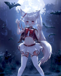 Rule 34 | &gt;:o, 1girl, absurdres, animal ear fluff, animal ears, bat (animal), choker, flat chest, full moon, highres, kemonomimi mode, long hair, moon, night, open mouth, original, outdoors, ponytail, red eyes, saku6647, skindentation, skirt, solo, tail, thighhighs, v-shaped eyebrows, white thighhighs, wolf ears, wolf tail