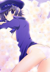 Rule 34 | 1girl, ass, atlus, bad id, bad pixiv id, blue eyes, blue hair, bottomless, breasts, cabbie hat, flower, gakuran, hat, matching hair/eyes, mika mikan, no pants, open clothes, panties, persona, persona 4, school uniform, shirogane naoto, short hair, small breasts, solo, underwear