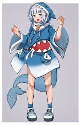 Rule 34 | 1girl, :d, absurdres, animal hood, blue eyes, blue hair, blue hoodie, blunt bangs, blush, bonz (bonz0616), border, claw pose, commentary, fins, fish tail, full body, gawr gura, gawr gura (1st costume), grey background, hands up, highres, hololive, hololive english, hood, hood up, hoodie, legs apart, long sleeves, looking at viewer, multicolored hair, open mouth, shark hood, shark tail, sharp teeth, shoes, short hair, smile, sneakers, socks, solo, standing, streaked hair, tail, teeth, virtual youtuber, white border, white hair, wide sleeves