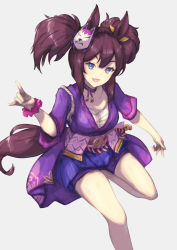 Rule 34 | 1girl, absurdres, animal ears, blue eyes, brown hair, chest sarashi, fang, fox mask, fox shadow puppet, grey background, highres, horse ears, horse girl, horse tail, inari one (umamusume), japanese clothes, kimono, kimono skirt, looking at viewer, mask, mask on head, medium hair, obi, open mouth, purple kimono, purple shorts, sarashi, sash, scrunchie, shorts, simple background, skin fang, sleeves rolled up, solo, standing, standing on one leg, stella (stella), tail, twintails, umamusume, wrist scrunchie