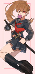 1girl black_footwear black_sailor_collar black_serafuku black_shirt black_skirt black_socks brown_hair chewing_gum floating_hair genderswap genderswap_(mtf) gintama hair_between_eyes high_ponytail highres holding holding_sheath holding_sword holding_weapon katana loafers long_hair long_sleeves looking_at_viewer midriff mikuwwwm miniskirt neckerchief okita_souko pink_background pleated_skirt red_eyes red_neckerchief sailor_collar sailor_shirt school_uniform serafuku sheath sheathed shirt shoes skirt socks solo sword weapon