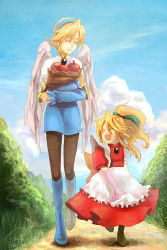 Rule 34 | 2girls, aged down, angel wings, blonde hair, blue footwear, boots, breasts, breath of fire, breath of fire iii, breath of fire iv, capcom, child, crossover, day, dress, full body, hairband, in-franchise crossover, knee boots, multiple girls, nina (breath of fire iii), nina (breath of fire iv), ochazukefinch, outdoors, pantyhose, short hair, skirt, sky, staff, white wings, wings