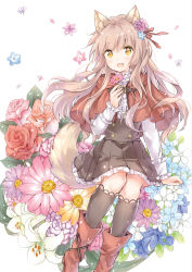 Rule 34 | 1girl, :d, animal ear fluff, animal ears, black socks, blonde hair, blouse, blush, boots, capelet, center frills, daisy, dress, fang, floral background, flower, flower request, forget-me-not (flower), frilled dress, frills, hair flower, hair ornament, hair ribbon, holding, holding flower, kneehighs, lily (flower), long hair, long sleeves, looking at viewer, open mouth, original, petals, pink flower, pink rose, red flower, red rose, ribbon, rose, shirt, sitting, smile, socks, solo, tail, very long hair, wataame27, wavy hair, white shirt, wolf ears, wolf tail, yellow eyes