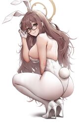 Rule 34 | 1girl, absurdres, akane (blue archive), akane (bunny) (blue archive), animal ears, ass, back, bare shoulders, blue archive, blush, bow, bowtie, breasts, brown eyes, detached collar, doyoon 7, fake animal ears, fake tail, glasses, gloves, hair between eyes, halo, high heels, highleg, highleg leotard, highres, large breasts, leotard, light brown hair, long hair, looking at viewer, looking back, pantyhose, playboy bunny, rabbit ears, rabbit tail, smile, solo, squatting, tail, white gloves, white leotard, white pantyhose
