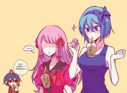Rule 34 | ..., 1boy, 2girls, biyo, black hair, blue bow, blue eyes, blue hair, blue hairband, blue shirt, bow, bowtie, braid, breast envy, breasts, bubble tea, bubble tea challenge, chibi, chibi inset, claire elford, closed mouth, dress, drinking, drinking straw, drinking straw in mouth, flat chest, frilled gloves, frills, gloves, hair bow, hairband, hood, hood down, hoodie, large breasts, long hair, mob face, multicolored hair, multiple girls, no eyes, pink dress, pink gloves, pink ribbon, puffy short sleeves, puffy sleeves, red bow, red bowtie, red hair, red hoodie, red ribbon, ribbon, shaded face, shirt, short hair, short sleeves, simple background, single hair tube, sleeveless, sleeveless shirt, sparkle, speech bubble, sweatdrop, twin braids, wilardo adler, witch&#039;s heart, yellow background, zizel (witch&#039;s heart)