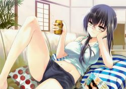 Rule 34 | 1girl, absurdres, alcohol, arm support, barefoot, beer, black hair, blush, breasts, can, couch, glasses, groin, head rest, highres, indoors, koin (foxmark), large breasts, leaf, leg up, long hair, lying, magazine (object), midriff, natsu no ame, navel, on back, pillow, polka dot, ponytail, room, sakurai natsuko, shorts, smile, smirk, solo, striped, tank top, window, yellow eyes