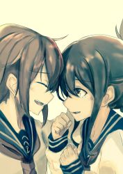 Rule 34 | 10s, 2girls, absurdres, brown eyes, brown hair, commentary, folded ponytail, highres, ikazuchi (kancolle), inazuma (kancolle), kantai collection, long hair, multiple girls, open mouth, ranf, revision, school uniform, short hair, smile, tears