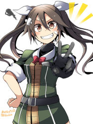 Rule 34 | 10s, 1girl, 2015, bad id, bad pixiv id, bandages, bandage on face, brown eyes, brown hair, dated, grin, hair ribbon, hand on own hip, kantai collection, kuro yuzu, looking at viewer, military, military uniform, ribbon, smile, smoke, solo, ^^^, tone (kancolle), twintails, twitter username, uniform, v