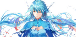 Rule 34 | 1girl, blue capelet, blue dress, blue hair, capelet, closed mouth, dress, floating hair, hair between eyes, long hair, looking at viewer, original, purple eyes, sakimori (hououbds), sketch, smile, solo, upper body, white background