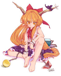 Rule 34 | 1girl, artist name, barefoot, bow, chain, closed mouth, commentary request, dated, feet, full body, hair bow, hamriku, hand on own ankle, hands on feet, highres, horn ornament, horn ribbon, horns, ibuki suika, knee up, long hair, looking at viewer, neckerchief, oni horns, orange eyes, orange hair, purple ribbon, purple skirt, red bow, red neckerchief, ribbon, shirt, simple background, sitting, skirt, smile, soles, solo, torn clothes, torn sleeves, touhou, very long hair, white background, white shirt, wrist cuffs