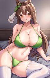 Rule 34 | 1girl, absurdres, animal ears, bare shoulders, bikini, blush, bow, braid, breasts, brown eyes, brown hair, cleavage, collarbone, curvy, ear ornament, ear ribbon, french braid, green bikini, highres, horse ears, horse girl, horse tail, huge breasts, indoors, licking lips, long hair, looking at viewer, mitomumitomu, navel, on bed, satono diamond (umamusume), sitting, skindentation, smile, solo, swimsuit, tail, thick thighs, thighhighs, thighs, tongue, tongue out, umamusume, very long hair, white thighhighs