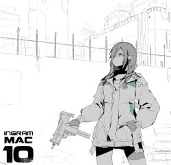 Rule 34 | 1girl, braid, character name, circle a, commentary request, cowboy shot, expressionless, fingerless gloves, girls&#039; frontline, gloves, green eyes, greyscale, gun, hair over one eye, hair over shoulder, hand in pocket, holding, holding gun, holding weapon, jacket, long hair, mac-10/11, mac-10 (girls&#039; frontline), monochrome, outdoors, sketch, solo, spot color, submachine gun, trigger discipline, weapon