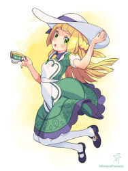 Rule 34 | 1girl, :o, apron, blonde hair, blunt bangs, blush, braid, commentary request, creatures (company), cup, dress, eyelashes, from side, game freak, gen 8 pokemon, green dress, green eyes, hand on headwear, hat, hat ribbon, highres, holding, holding cup, kinocopro, lillie (pokemon), lillie (special costume) (pokemon), long hair, looking to the side, nintendo, official alternate costume, open mouth, pantyhose, pokemon, pokemon masters ex, purple ribbon, ribbon, shoes, short sleeves, sinistea, sun hat, tea, twitter username, watermark, white apron, white headwear, white pantyhose