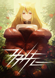Rule 34 | 1girl, absurdres, animal ears, black collar, black shirt, blonde hair, closed mouth, collar, hair between eyes, highres, jacket, long hair, long sleeves, looking at viewer, miyama (tokiwairo8), multicolored hair, off shoulder, open clothes, open jacket, original, red eyes, red hair, red jacket, shirt, sleeves past wrists, solo, strapless, streaked hair