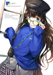 Rule 34 | 1girl, aqua eyes, black hat, blue shirt, brown hair, commentary request, eyewear pull, fashion, glasses, green-framed eyewear, green nails, hair between eyes, hands up, hat, highres, long hair, long sleeves, looking at viewer, nail polish, original, plaid, plaid skirt, pulling own clothes, shimesaba kohada, shirt, simple background, skirt, sleeves past fingers, sleeves past wrists, solo, streetwear, very long hair, white background