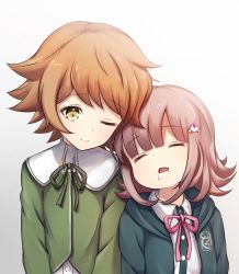 Rule 34 | 1boy, 1girl, age difference, arata (xin), bad id, bad pixiv id, brown eyes, brown hair, child, commentary request, crossdressing, danganronpa: trigger happy havoc, danganronpa (series), danganronpa 2: goodbye despair, dot nose, flipped hair, fujisaki chihiro, green neckwear, green ribbon, green shirt, hair ornament, hairclip, highres, hood, hoodie, leaning, leaning on person, nanami chiaki, one eye closed, open mouth, pink hair, pink neckwear, pink ribbon, ribbon, saliva, school uniform, shirt, short hair, simple background, sleeping, smile, trap, upper body, white background, white shirt