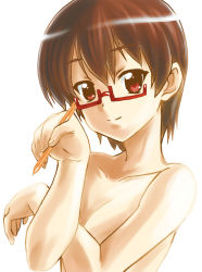 Rule 34 | 1girl, bad id, bad pixiv id, breast hold, breasts, brown hair, cleavage, completely nude, covering privates, covering breasts, glasses, k-on!, light smile, manabe nodoka, mechanical pencil, mikage nao, nude, nude cover, pencil, red-framed eyewear, red eyes, short hair, small breasts, solo, upper body