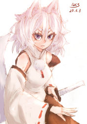 Rule 34 | 1girl, animal ears, colored eyelashes, dated, detached sleeves, drawing sword, fighting stance, hakuro109, holding, holding sword, holding weapon, inubashiri momiji, looking at viewer, messy hair, purple eyes, ready to draw, sheath, sheathed, short hair, simple background, skirt, solo, sword, tail, touhou, weapon, white background, white hair, wolf ears, wolf tail
