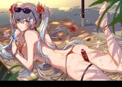 Rule 34 | 1girl, ass, bare shoulders, barefoot, bikini, breasts, glasses on head, grey hair, highres, large breasts, long hair, looking at viewer, lying, on stomach, sideboob, smile, solo, string bikini, swimsuit, tajima ryuushi, the pose, thigh strap, twintails, very long hair, yellow eyes