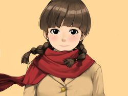 Rule 34 | 1girl, black eyes, blunt bangs, braid, brown hair, closed mouth, commentary request, copyright request, hair over shoulder, highres, jacket, long hair, looking at viewer, red scarf, scarf, simple background, smile, solo, tachibana roku, twin braids, upper body, yellow background, yellow jacket