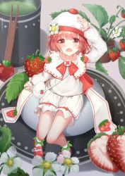 Rule 34 | 1girl, :o, absurdres, arm up, bag, beret, bloomers, blurry, blurry background, blush, commentary request, cup, daifuku, depth of field, dot nose, fingernails, flower, flower pot, food, food-themed clothes, food fantasy, fruit, full body, green tea, hand on headwear, hat, hat flower, highres, in food, long sleeves, looking at viewer, mary janes, mini person, minigirl, nail polish, open mouth, plate, pottery, red eyes, red footwear, red hair, seero, shirt, shoes, shoulder bag, sitting, sleeves past wrists, socks, solo, strawberry, strawberry blossoms, strawberry daifuku (food fantasy), tea, underwear, wagashi, white bloomers, white flower, white hat, white nails, white shirt, white socks