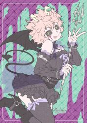 Rule 34 | 1girl, alternate costume, artist name, ashido mina, black dress, black sclera, boku no hero academia, colored sclera, colored skin, dated, demon tail, demon wings, detached sleeves, dress, holding, holding weapon, horns, looking at viewer, morishima noriko, pink hair, pink skin, short hair, signature, solo, tail, tongue, tongue out, weapon, wings, yellow eyes