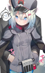 Rule 34 | 1boy, 1girl, animal ears, doodle sensei (blue archive), blue archive, blush, breasts, capelet, commentary request, cowboy shot, dot mouth, fur-trimmed capelet, fur trim, gradient eyes, grey capelet, grey headwear, grey jacket, hair between eyes, hair ornament, hairclip, hand in another&#039;s pocket, hat, highres, jacket, light green hair, looking down, medium breasts, military hat, multicolored eyes, pink eyes, pouch, sensei (blue archive), shigure (blue archive), sho bu 1116, short hair, simple background, sleeveless, sleeveless jacket, spoken character, sweat, nervous sweating, upper body, white background