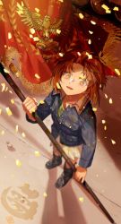 Rule 34 | 10s, 1girl, artist name, bird, black footwear, blue jacket, blurry, blurry background, boots, branch, brown eyes, brown hair, commentary, confetti, depth of field, dirty, dirty clothes, eagle, flag, flower, fringe trim, girls und panzer, green shirt, highres, holding, holding flag, jacket, long sleeves, looking up, military, military uniform, military vehicle, miniskirt, motor vehicle, nishizumi miho, ooarai military uniform, open mouth, pleated skirt, red flower, shadow, shirt, short hair, signature, skirt, smile, solo, standing, tank, unbuttoned, uniform, veerinly, watermark, white skirt, wind