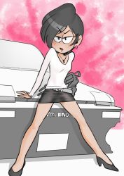 Rule 34 | 1girl, aged up, arm support, asymmetrical bangs, belt, black footwear, black skirt, breasts, car, earrings, facing viewer, freckles, full body, gradient background, grey belt, half-closed eyes, high heels, highres, jewelry, kaze fukeba nanashi, leaning against vehicle, legs apart, long legs, looking at viewer, miniskirt, motor vehicle, nickelodeon, no socks, pencil skirt, pendant, pink background, pink earrings, pumps, ronnie anne santiago, shirt, shoes, skinny, skirt, small breasts, standing, the casagrandes, the loud house, toyota, toyota sprinter trueno, translated, white shirt