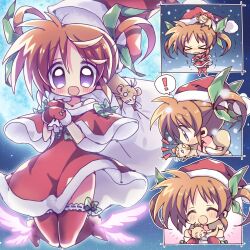 Rule 34 | !, 1girl, ^^^, animal, animal around neck, animal on head, animal on shoulder, bow legwear, brown hair, capelet, christmas, closed eyes, dress, ferret, floating, hair ribbon, hat, holding, holding animal, holding sack, kiba yaeba, lace, lace-trimmed thighhighs, legs up, looking at viewer, lyrical nanoha, mahou shoujo lyrical nanoha, medium dress, mittens, night, notice lines, on head, open mouth, outdoors, outside border, over shoulder, purple eyes, red capelet, red dress, red headwear, red mittens, red thighhighs, ribbon, sack, santa dress, santa hat, sky, smile, snowing, spoken exclamation mark, star (sky), starry sky, takamachi nanoha, thighhighs, trembling, twintails, yuuno scrya