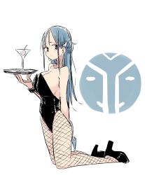 Rule 34 | 1girl, black footwear, blue hair, closed mouth, cocktail glass, cup, dot mouth, drinking glass, fishnet legwear, fishnets, from side, hair ornament, hairclip, high heels, highres, holding, holding tray, kneeling, long hair, looking at viewer, looking to the side, original, playboy bunny, purple eyes, rucchiifu, solo, tray