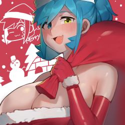 Rule 34 | 1girl, bad id, bad pixiv id, blue eyes, blue hair, blush, breasts, cleavage, dress, earrings, elbow gloves, fang, fur trim, gloves, green eyes, hat, heterochromia, huge breasts, jewelry, looking at viewer, merry christmas, open mouth, original, portrait, red dress, red gloves, sack, santa costume, santa hat, saru (monkey magic3), short ponytail, skin fang, smile, snowman, solo, strapless, strapless dress, stud earrings