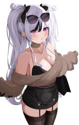 Rule 34 | 1girl, absurdres, azur lane, belted skirt, black bra, black garter straps, black hair, bow, bra, bra peek, bra strap, breasts, brown sweater, cleavage, collarbone, elbe (azur lane), elbe (pure-hearted bad girl) (azur lane), eyewear on head, garter straps, hair bow, highres, lace, lace-trimmed bra, lace trim, large breasts, multicolored hair, off-shoulder sweater, off shoulder, official alternate costume, streaked hair, sunglasses, sweater, sweater tucked in, twintails, underwear, white background, white hair, yami (darknight449)