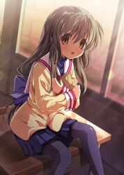 Rule 34 | 1girl, :d, absurdres, artina, black pantyhose, blue skirt, blush, bow, brown hair, clannad, classroom, commentary request, commission, crossed arms, desk, eyelashes, feet out of frame, hair between eyes, hair bow, highres, hikarizaka private high school uniform, holding, holding star, ibuki fuuko, indoors, jacket, long hair, long sleeves, looking at viewer, low-tied long hair, miniskirt, open mouth, pantyhose, pleated skirt, purple bow, sailor collar, school desk, school uniform, serafuku, sidelighting, sidelocks, sitting, skeb commission, skirt, smile, solo, star (symbol), starfish, sunlight, tareme, variant set, very long hair, white sailor collar, window, yellow eyes, yellow jacket