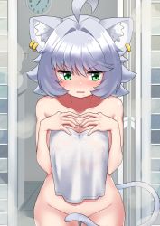 Rule 34 | 1girl, absurdres, ahoge, animal ear fluff, animal ears, bad id, bad pixiv id, bathroom, blush, breasts, cat ears, cat girl, cat tail, clock, collarbone, commentary, convenient censoring, cowboy shot, door, ear piercing, embarrassed, fang, green eyes, grey hair, hands on own chest, highres, indoors, large breasts, mole, mole under mouth, ngetyan, original, parted lips, piercing, renge (ngetyan), short hair, solo, tail, tail censor, textless version, tile floor, tile wall, tiles, towel, v-shaped eyebrows