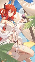 Rule 34 | 1girl, absurdres, arknights, bare legs, bare shoulders, bikini, black bikini, bow, bowtie, breasts, chinese commentary, choker, cleavage, closed mouth, cloud, cup, day, demon horns, detached sleeves, feet out of frame, food, hair between eyes, hair intakes, hair ornament, hammock, hand up, heart, highres, holding, holding cup, horns, ice cream, leaf, ling yu (15974115107), long hair, looking at viewer, medium breasts, one eye closed, outdoors, purple eyes, red hair, side-tie bikini bottom, solo, star (symbol), star hair ornament, string choker, sundae, surtr (arknights), surtr (colorful wonderland) (arknights), swimsuit, thigh strap