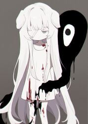Rule 34 | 1girl, aliceyawnin, animal ears, bandage over one eye, blood, blood on clothes, blood on leg, blunt bangs, blurry, blurry foreground, colored eyelashes, colored skin, dog ears, dog girl, dress, grey background, grey eyes, highres, horror (theme), long dress, long hair, looking at viewer, monster, original, petite, sad, sidelocks, simple background, sleeveless, sleeveless dress, solo focus, very long hair, white dress, white skin
