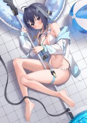 Rule 34 | 1girl, absurdres, arknights, ball, bare legs, barefoot, beachball, bikini, black hair, blush, commentary request, goggles, goggles around neck, grey eyes, highres, innertube, jacket, la pluma (arknights), la pluma (summer flowers) (arknights), long sleeves, looking at viewer, navel, off shoulder, open clothes, open jacket, parted lips, shikapiro, short hair, solo, stomach, swim ring, swimsuit, thigh strap, thighs, white bikini, white jacket