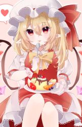 Rule 34 | 1girl, :p, apple, apple slice, blueberry, blush, bow, bowtie, cherry, chocolate, collared shirt, commentary, crystal, flandre scarlet, food, fruit, gloves, hair between eyes, hat, hat ribbon, heart, highres, holding, holding plate, holding spoon, looking at viewer, machi0309, mob cap, orange (fruit), orange slice, plate, pointy ears, pudding, puffy short sleeves, puffy sleeves, red eyes, red ribbon, red skirt, red vest, ribbon, shirt, short sleeves, side ponytail, sitting, skirt, skirt set, solo, spoken heart, spoon, strawberry, tongue, tongue out, touhou, vest, white gloves, white hat, white shirt, wings, yellow bow, yellow bowtie