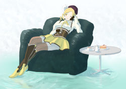 Rule 34 | 10s, 1girl, :3, :p, beret, blonde hair, boots, breasts, cake, chair, chato, corset, crossed legs, cup, detached sleeves, drill hair, fingerless gloves, food, gloves, hair ornament, hat, highres, kyubey, magical girl, mahou shoujo madoka magica, mahou shoujo madoka magica (anime), one eye closed, pleated skirt, puffy sleeves, sitting, skirt, smile, solo, taneda (chato), teacup, teapot, thighhighs, tomoe mami, tongue, tongue out, wink, yellow eyes