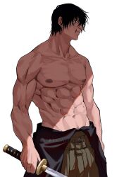Rule 34 | 1boy, abs, black hair, fushiguro touji, hakama, hakama pants, highres, holding, holding sword, holding weapon, japanese clothes, jujutsu kaisen, katana, looking to the side, male focus, mature male, mixed-language commentary, muscular, muscular male, navel, nipples, pants, pectorals, scar, scar on face, scar on mouth, serious, shinoda giri, short hair, solo, sword, topless male, twitter username, weapon